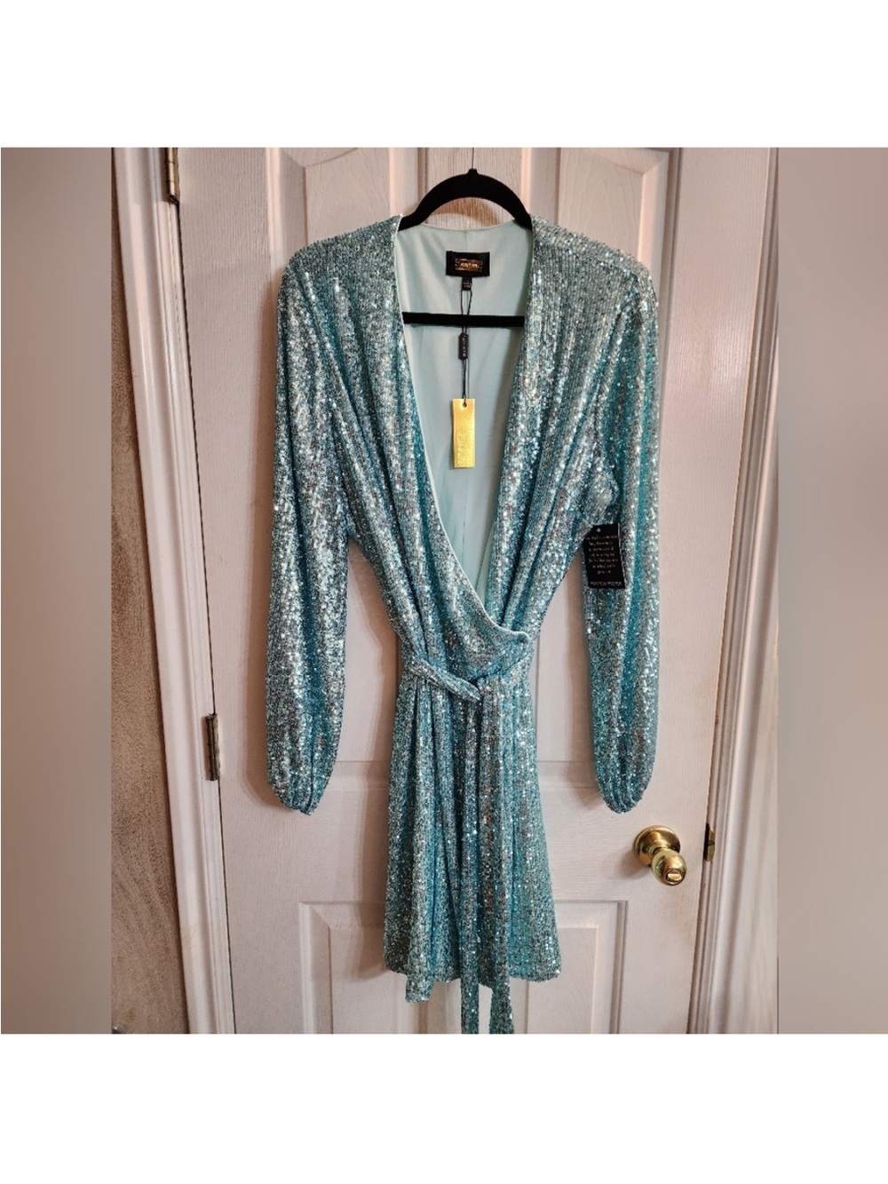 Alexia Admor Aqua Sequin Long Sleeve Wrap Dress